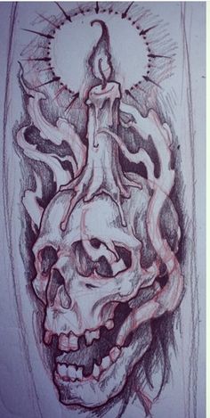 a drawing of a skull with flames coming out of it