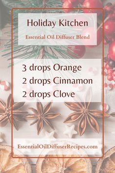 The Holiday Kitchen diffuser blend contains orange, cinnamon, and clove essential oils. Kitchen Diffuser, Diffuser Scents, Essential Oil Spray Recipes, Simmer Pots, Fall Essential Oils, Simmer Pot, Orange Peels