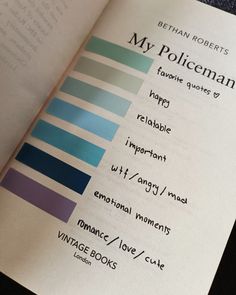 my personal annotation key for My Policeman by Bethan Roberts Book Annotation Tab Key, Annotation Key Ideas, Thriller Book Annotation Key, Book Annotation Categories, Annotating Tabs Key, Romance Annotation Key, How To Tab A Book, Book Marking Key, Book Annotation Ideas Key