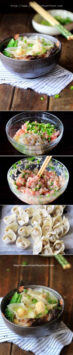 four different pictures of food being prepared in pans on a wooden table with chopsticks