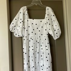 White With Polka Dots. Puff Sleeves. Knee Length White Polka Dot Dress, Grad Dresses, Red Polka Dot, Dot Dress, Polka Dot Dress, White Polka Dot, Puff Sleeves, Puff Sleeve, Knee Length