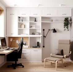 a home office with white cabinets and an open shelving unit on the wall, along with a chair