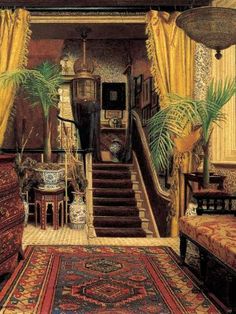 an ornately decorated living room with yellow drapes on the windowsill and rugs