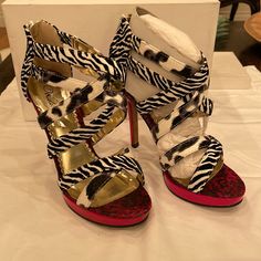 Never Worn, Excellent Condition Chic Zebra Print High Heels, High Heel Zebra Print Party Heels, Spring Zebra Print High Heels, Spring Zebra Print Heels, Silver Rhinestone Heels, Black Lace Up Heels, Silver Sparkly Heels, Leopard Print Pumps, Red Platform