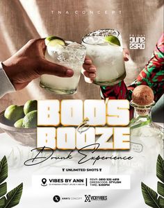 the flyer for boo's booze and drink experience with two people holding glasses