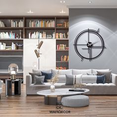 a living room filled with furniture and a large clock on the wall