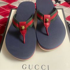 Authentic Brand New Gucci Shoes Made In Italy Platform: 1 3/8" Size 8 Men Features: Grg Web Detail Tiger Head Rubber Sole Comes With Original Box Gucci Blue Leather Sandals, Blue Leather Gucci Sandals, Blue Gucci Leather Sandals, Blue Open Toe Gucci Sandals, Gucci Flip Flops, Blue Flip Flops, Canvas Sandals, Web Detail, Web Platform