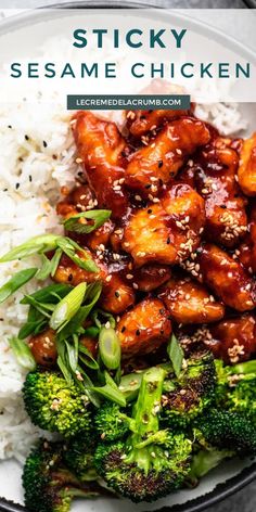 a plate filled with chicken and broccoli covered in sesame seeds on top of rice