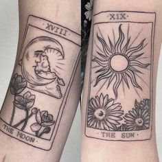 two sun and moon tattoos on both legs, one with the same image as the other