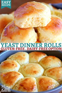 two pictures showing different types of rolls in a pan and one with the word dinner rolls written on it