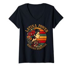 a women's v - neck shirt with the words latina power and an image of