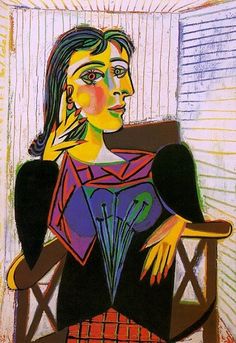 a painting of a woman sitting in a chair with her hand on her head and looking off to the side