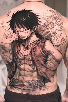 the back of a man's body with tattoos on it and an anime character