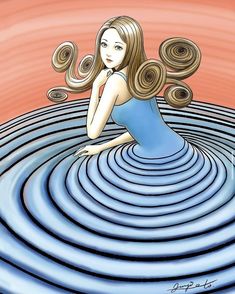 a painting of a woman sitting on top of a blue and white circular pattern with her hair blowing in the wind