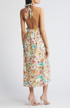 Colorful sketched blooms romance this lightweight linen-blend midi designed in a sweet halter silhouette. 37 1/2" center front length (size Medium) Ties at neck Halter neck Lined 54% linen, 46% viscose Dry clean Imported Charles Henry, Yellow Midi Dress, Nordstrom Dresses, Halter Neck, Linen Blend, Lily, Dry Clean, Midi Dress, Romance