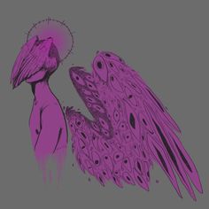 two birds are standing next to each other on a gray background, one is purple and the other is black