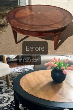 before and after photos of an old coffee table