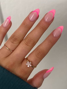 hot pink nails: double French tips Almond Shape Hot Pink Nails, Homecoming Nails Hot Pink, Easy Nail Designs For Beginners Summer, Light Pink And Hot Pink Nails, Nails For Hot Pink Dress, Hoco Nails Pink, White And Hot Pink Nails, Hot Pink Nails French Tip, Hot Pink Nails With Design Summer