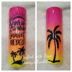 two different nail polishes with palm trees and sunsets painted on the top one