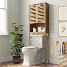 a white toilet sitting in a bathroom next to a wooden cabinet and potted plant