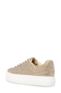 A symphony of glimmering crystals amplify a casual low top sneaker, while a hearty bumper-trimmed platform complete this strut-worty style. 1" platform Lace-up vamp closure Rhinestone and textile upper/textile lining/rubber sole Imported Chic Heels, Platform Sneaker, Betsey Johnson, Low Top, Perfect Pair, Slip On Sneaker, Top Sneakers, Womens Sneakers, Rubber Sole