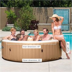 an inflatable hot tub with four people sitting around it and the measurements are shown