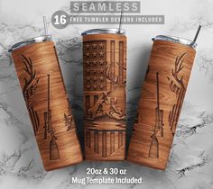 three wooden tumblers with the same design on them, and one is for sale