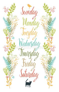 the days of the week are written in different font styles and colors, with an image of