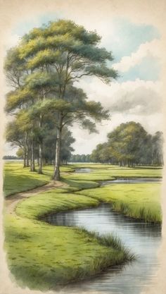 a painting of a golf course with water and trees