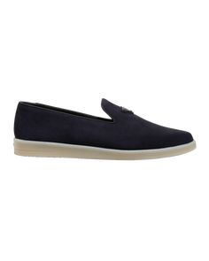 Prada sneaker loafers with suede/calf leather upper Flat heel Round toe Triangle logo at notched vamp Embossed logo at heel Slip-on style Spot clean Made in Italy Prada Sneaker, Triangle Logo, Suede Loafers, Prada Men, Suede Sneakers, Embossed Logo, Neiman Marcus, Calf Leather, Prada