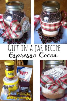 four different jars filled with food and wrapped in ribbon