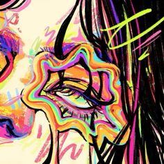 an abstract painting of a woman's face with multicolored lines on it