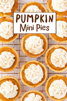 pumpkin mini pies on a cooling rack with the title overlay reading pumpkin mini pies