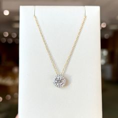 14K Yellow Gold 1.02ct Round Lab Grown Diamond Halo Pendant. Bichsel Jewelry in Sedalia, MO. Shop diamond styles online or in-store today! Wedding Bands For Him, Diamond Wedding Jewelry, Wedding Bands For Her, Halo Necklace, Necklace Diamond, Halo Pendant, Diamond Education, Special Jewelry, Jewelry Repair