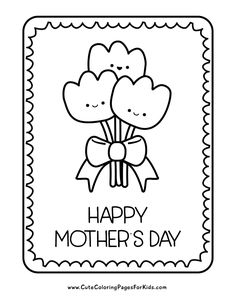 happy mother's day card with three flowers and a bow on the front, in black and white