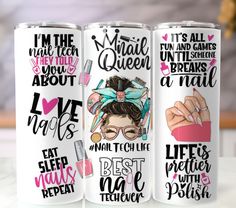 three personalized tumbles with the words i'm the queen, i love makeup and lipstick