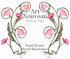 the logo for art nouveau and png's hand drawn floral illustration, with pink flowers