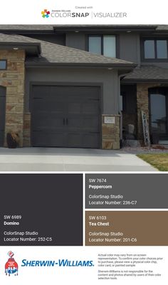 the color scheme for this house is brown and gray, with two garages on each side