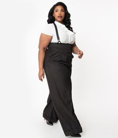 Get the gang together, dolls! Stay a step ahead of the fuzz with these fabulous plus size suspender pants from Unique Vintage, boasting a jet black silhouette. Crafted in a marvelously woven fabric blend, the Thelma Pants feature a wide banded high waist cinched in with a darling button up front and secured by adjustable suspender straps, easily removable for versatile wear. Deep side pockets and wide legs with rolled cuffs make it easy to dust out! Available in sizes XS-5X while supplies last. Plus Size Suspenders Outfit, High Waist Black Bottoms With Suspenders, Black Workwear Bottoms With Suspenders, Plus Size Androgynous Fashion, Modern Victorian Fashion, Suspenders Outfit, Uv Clothing, Boss Outfit, Vintage Plus Size