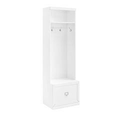 a white wooden shelf with two drawers and hooks on it's sides, against a white background