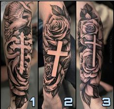 three different views of a cross and roses tattoo on the left arm, with black and grey ink