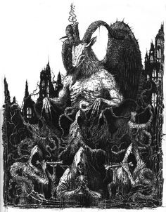 an ink drawing of a demon attacking another demon in the background, with other demonic creatures surrounding