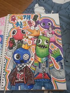 an open notebook with cartoon characters drawn on it and colored pencils in the background