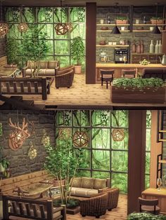 two pictures of a living room with furniture and plants on the windows sills