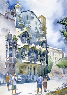 watercolor painting of people walking in front of a building with many balconies