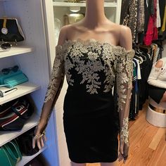 Gold Embroidery On Mesh Sleeves. Size M. Never Worn. Elegant Embroidered Lace Mini Dress, Elegant Lace Mini Dress With Embroidery, Elegant Embroidered Dresses For Date Night, Elegant Embroidered Mini Dress For Night Out, Gold Midi Dress, Gold Embroidery, Mesh Sleeves, Midi Dress, Mesh