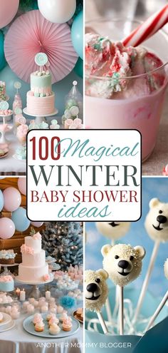 Winter baby shower theme inspiration with winter baby shower dessert table, decorations, desserts, and drinks. Text reads, “100 Magical Winter Baby Shower Ideas” Winter Baby Shower Decor, Winter Party Ideas, December Baby Shower Ideas, Winter Baby Shower Decorations, Baby Announcement To Parents, Unique Baby Boy Names, Hot Chocolate Gift