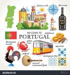 welcome to portugal with icons and map in flat design style stock photo, royalty illustration