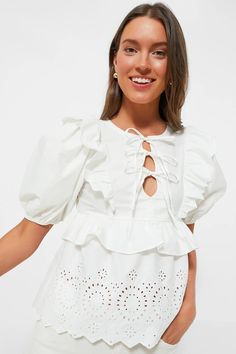 Exclusive White Ruffle Eyelet Top | Moon River Feminine Eyelet Blouse For Spring, Feminine Eyelet Blouse For Day Out, Spring Feminine Eyelet Blouse, Summer Eyelet Blouse With Puff Sleeves, Feminine Eyelet Tops For Day Out, Chic Eyelet Blouse For Day Out, Spring Eyelet Blouse With Puff Sleeves, Tuckernuck Dress, Moon River