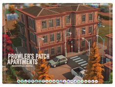 an image of a building with cars parked in front of it and the words prowlee's patch apartments